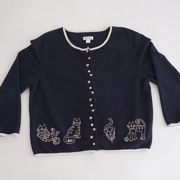 VTG Christopher & Banks Navy Knit Cat Embroidered Cardigan Cotton Blend XL - Picture 1 of 8